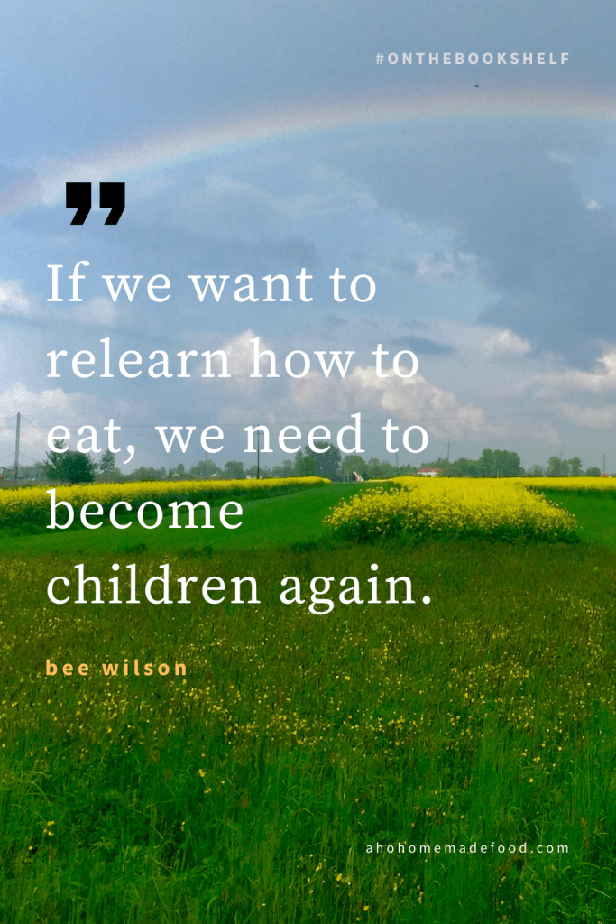 Food writing quote with countryside meadow and rainbow background 